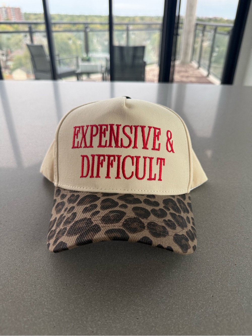 Beige 'Expensive & Difficult' Cap with Leopard Brim